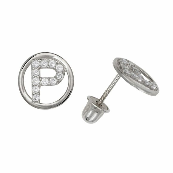 14K Solid White Gold 8mm Letter Initial Halo CZ Stud Alphabet Earrings - Picture 15 of 16